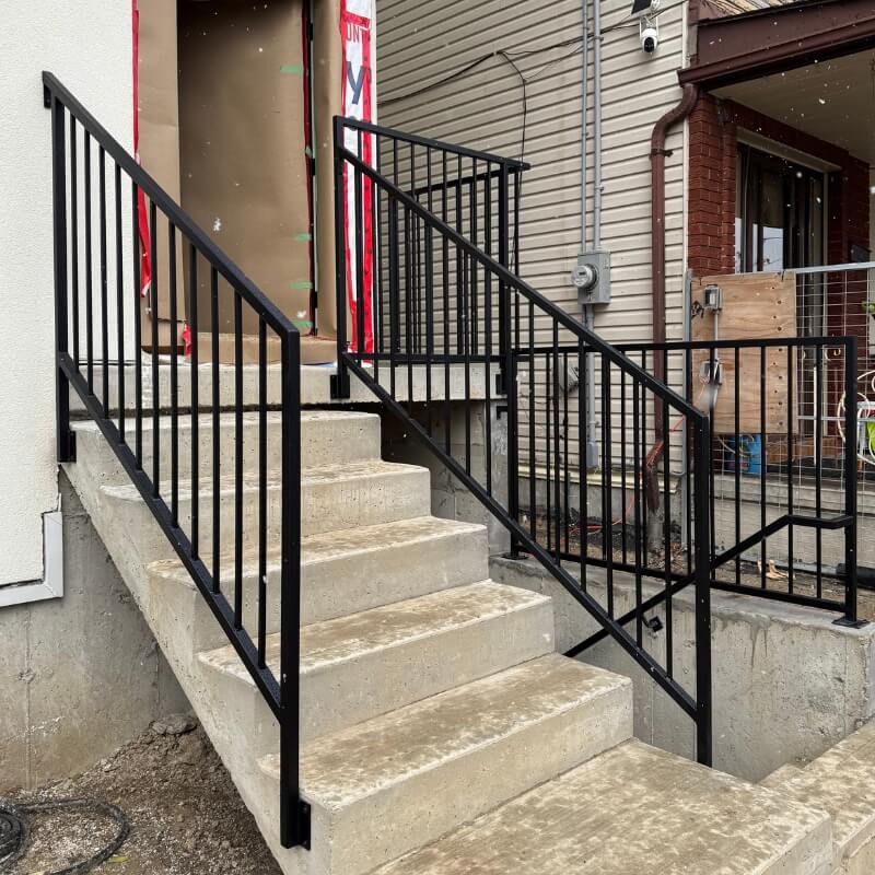 Custom exterior steel railings with square frame and pickets