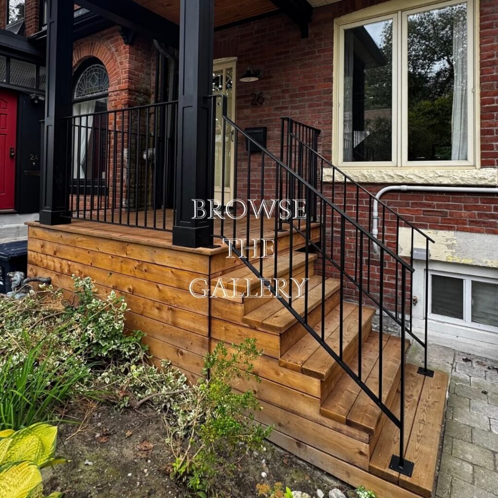 Custom black exterior steel porch and staircase railings installed by Rail Tech